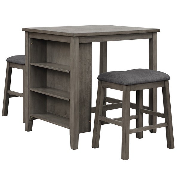 3 Piece Square Dining Table with Padded Stools and Storage Shelf