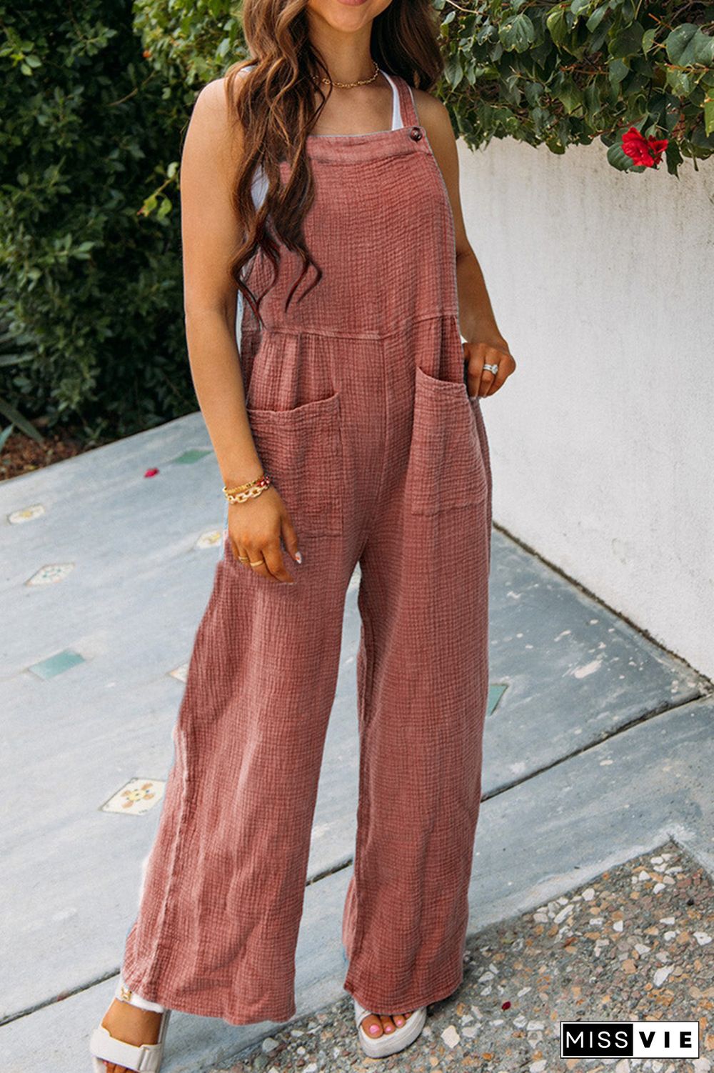 Plain Texture Wide Leg Cami Jumpsuit