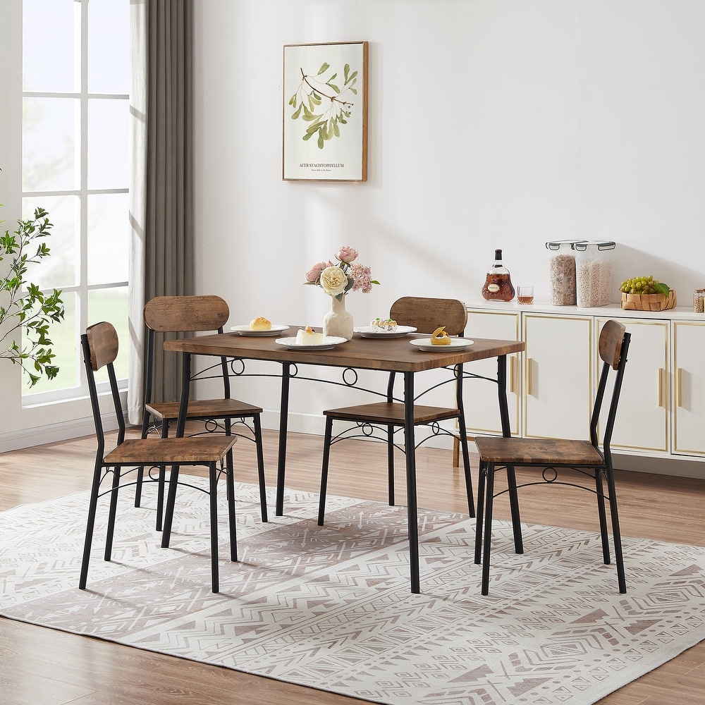 VECELO Dining Table Set  Kitchen Table with 4 Chairs  Metal and Wood Rectangular 5 Piece Dining Table