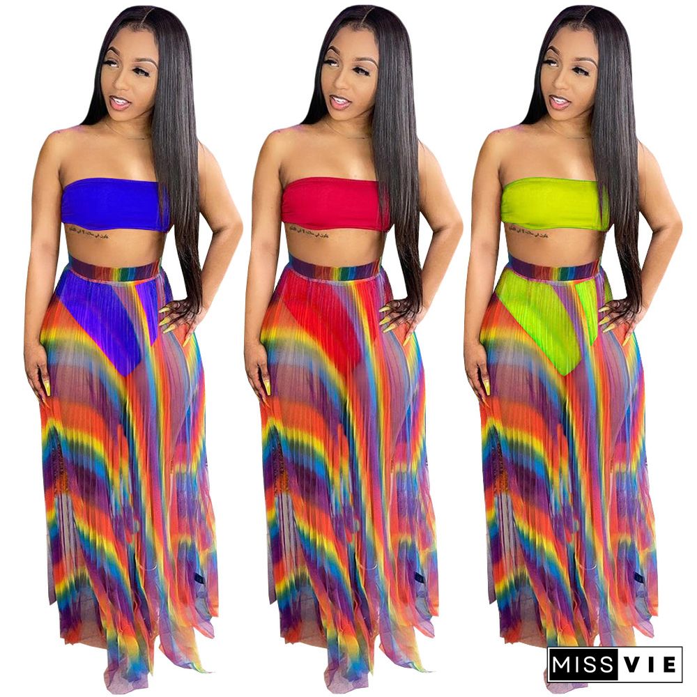 Sexy Off The Shoulder Wrap Chest Crop Top+Underpants+Rainbow Ruched Maxi Skirts Summer Bohemian 3 Piece Set