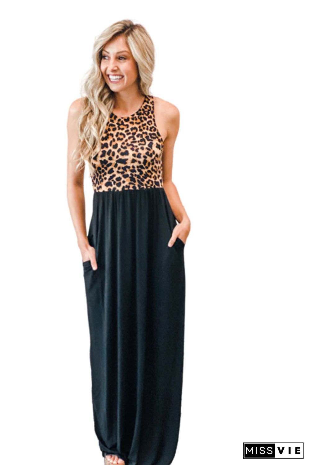 Sleeveless Leopard Bodice Maxi Dress with Pockets