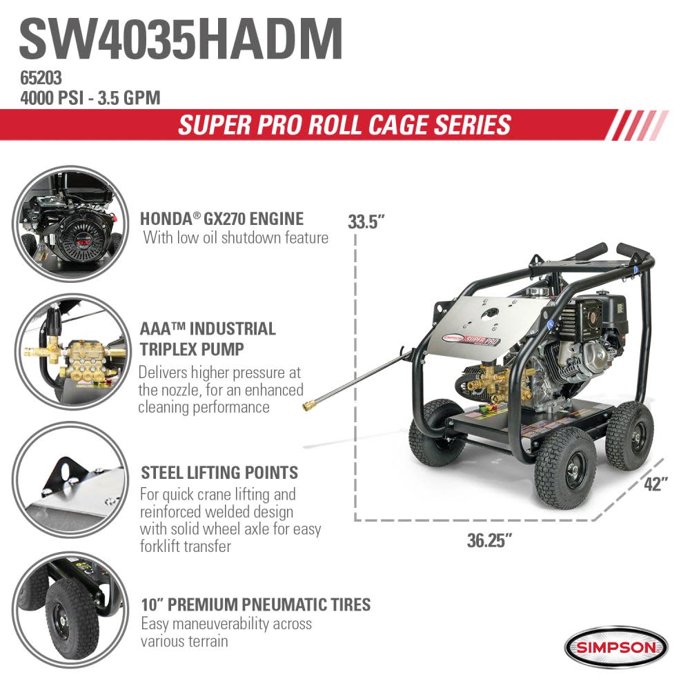 Simpson Super Pro Roll Cage Cold Water Professional Gas Pressure Washer 4000 PSI ;