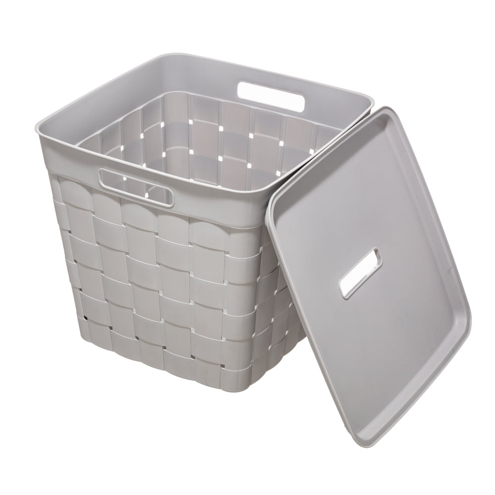 Your Zone Child and Teen Wide Weave Plastic Stacking Storage Bin with Lid, Gray