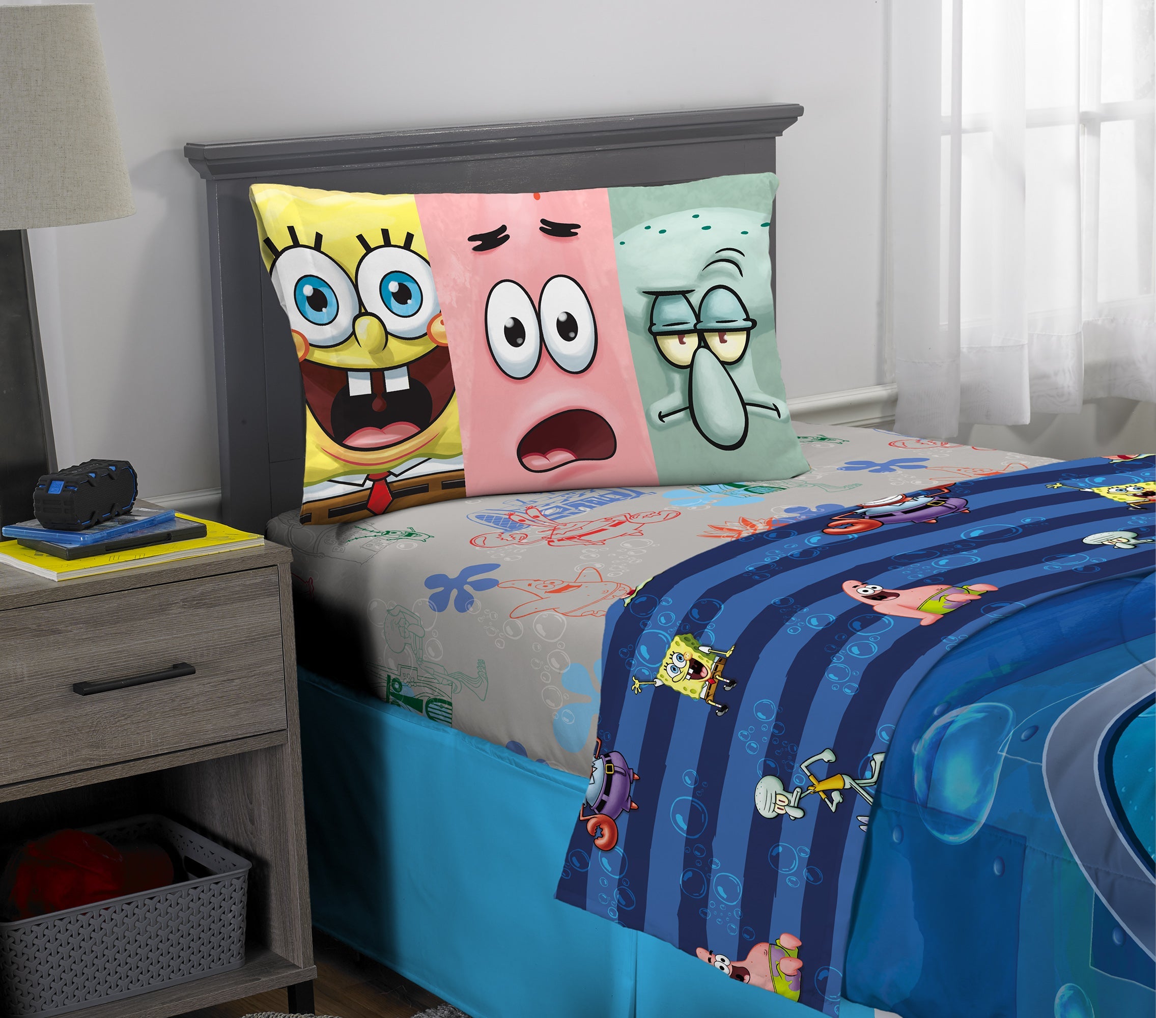 SpongeBob SquarePants Kids Twin Bed in a Bag, Comforter and Sheets, Blue, Nickelodeon