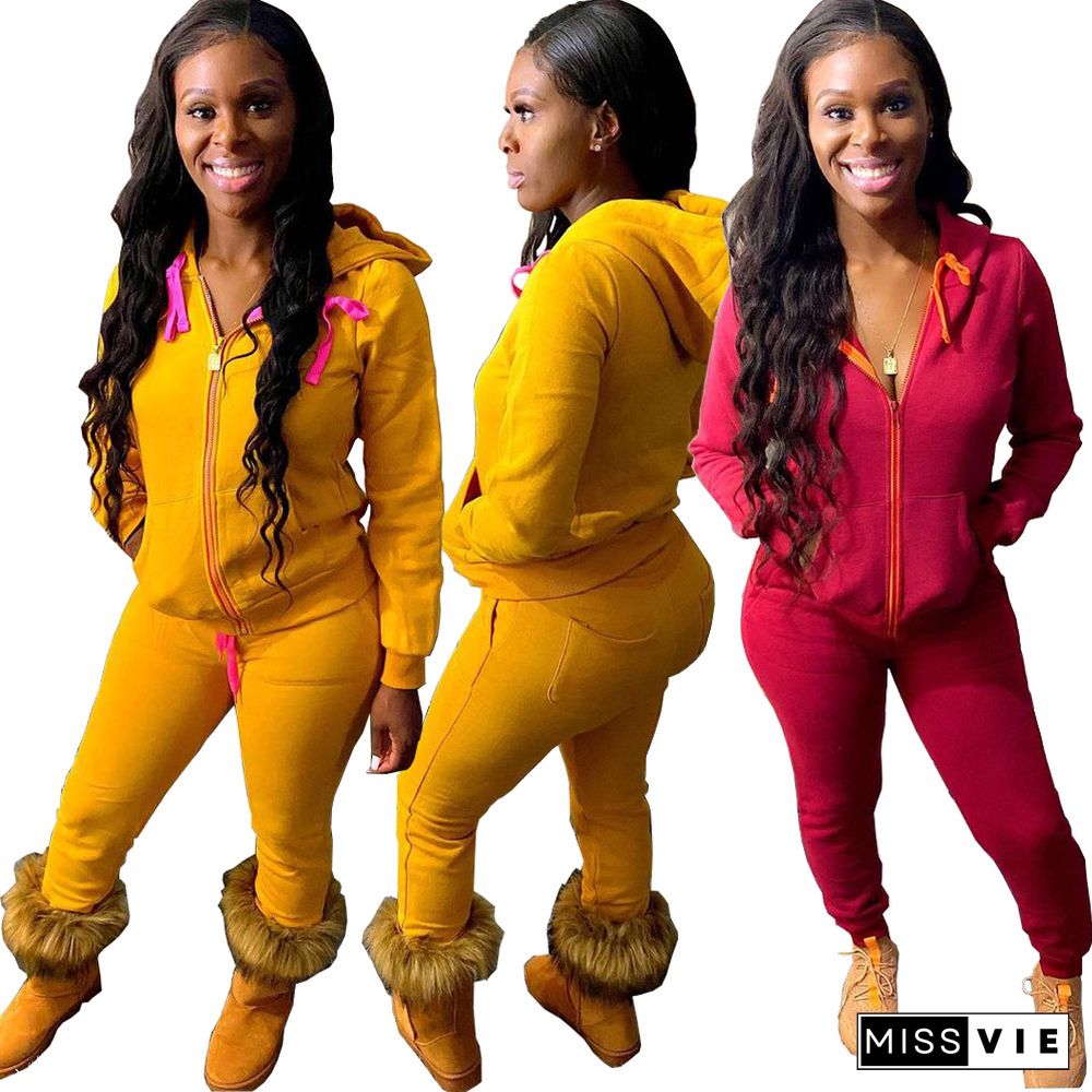 Women Solid Color Hooded Zip Top Skinny Pants 2 Piece Set