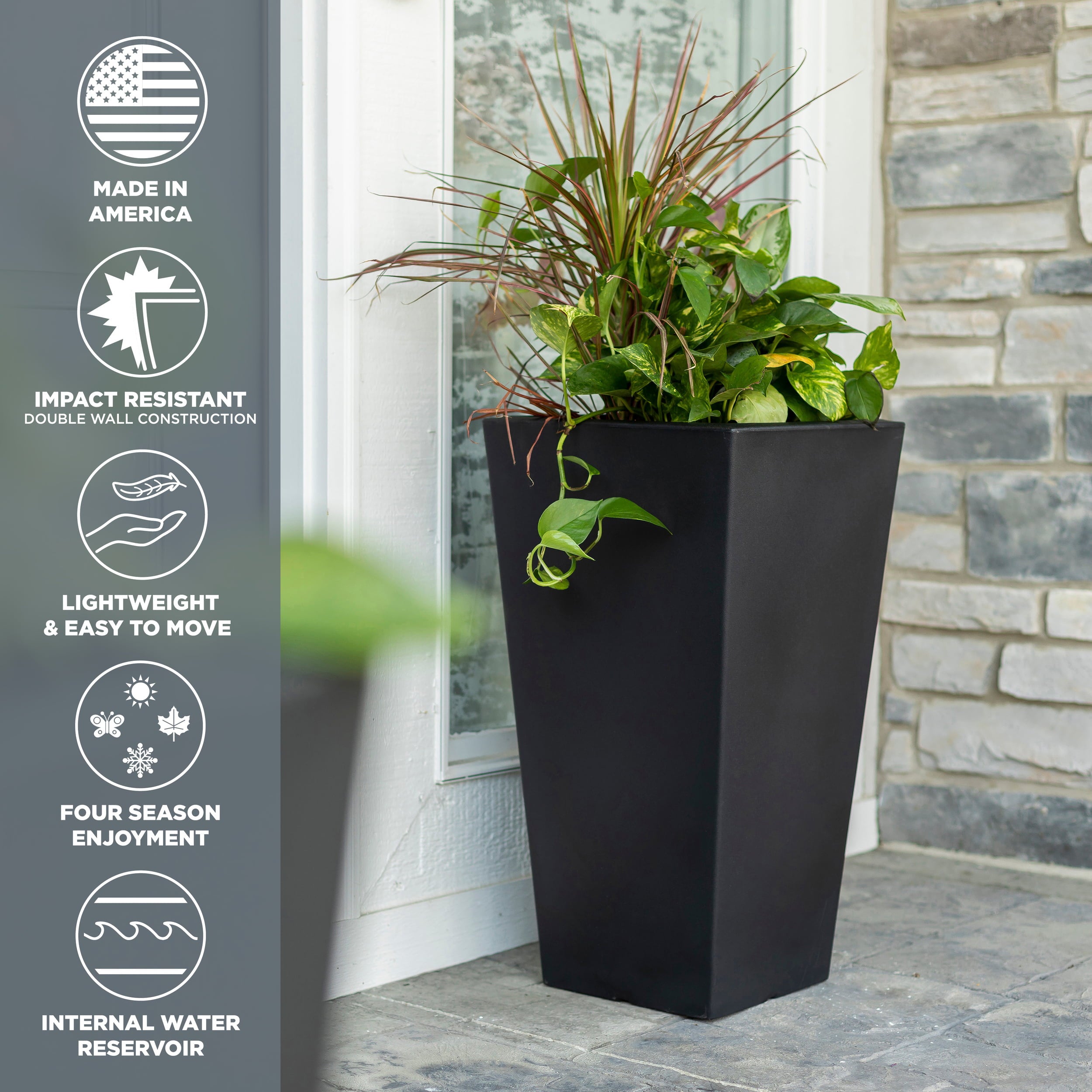 Step2 Tremont Plastic Black Square Planter 15" W x 15" D x 28" H Pot