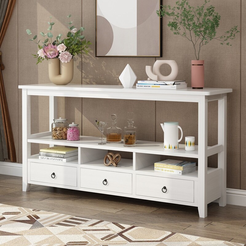 3 Tier Vintage Console Table with 3 Drawers and Shelves