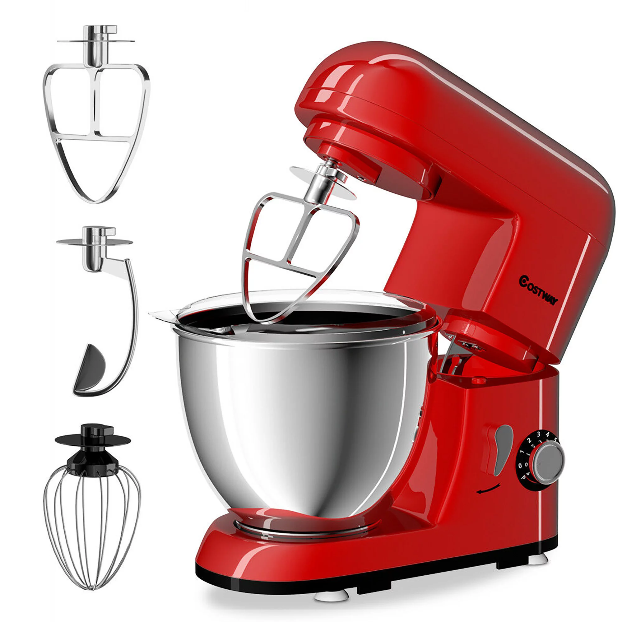 Costway Electric Food Stand Mixer 6-Speed 4.3Qt 550W Tilt-Head， Stainless Steel Bowl， Red