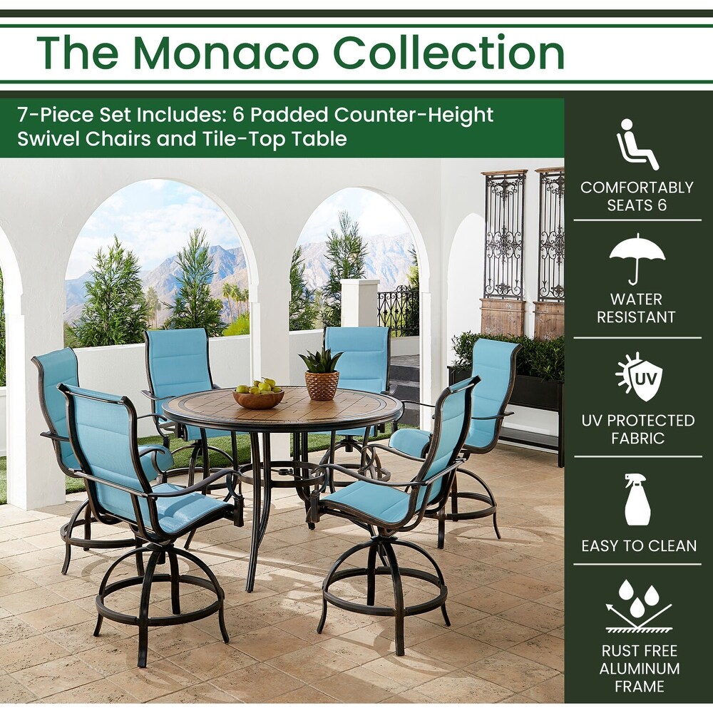 Hanover Monaco 7 Piece High Dining Set in Blue with 6 Padded Counter Height Swivel Chairs and a 56 In. Tile Top Table