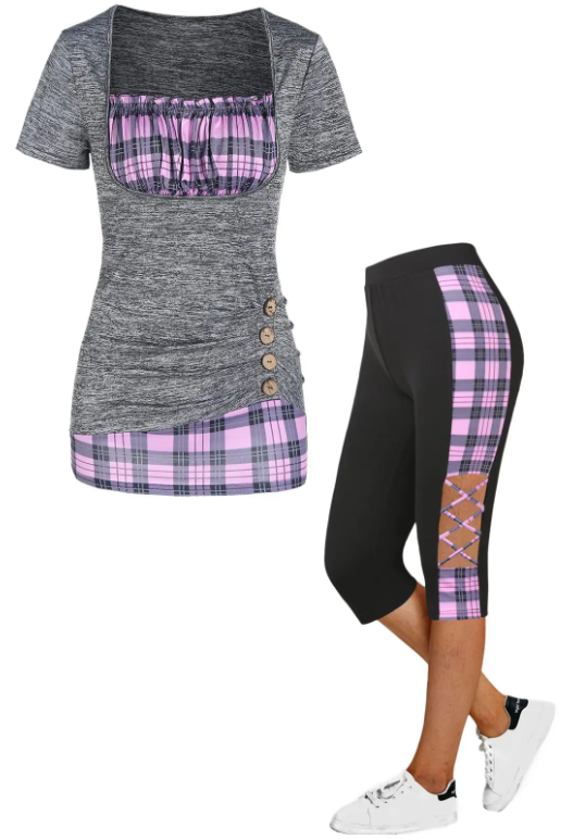 Plaid Print Ruched Bust Mock Button Faux Twinset T Shirt And Lattice Capri Leggings Summer Outfit