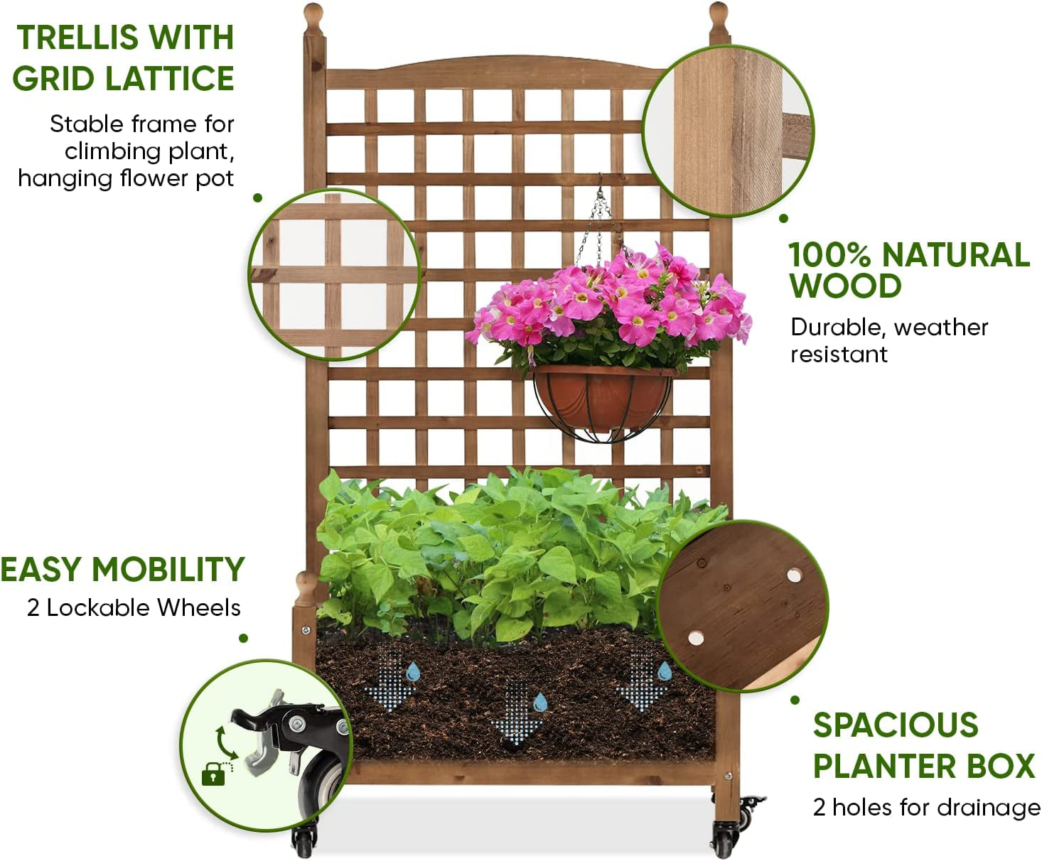 Idzo Raised Garden Bed with Trellis, Durable Oil Coated Planter with Trellis, 50 Inches Height Vertical Gardens Outdoors with Lockable Wheels and Convenient Non Woven Lining