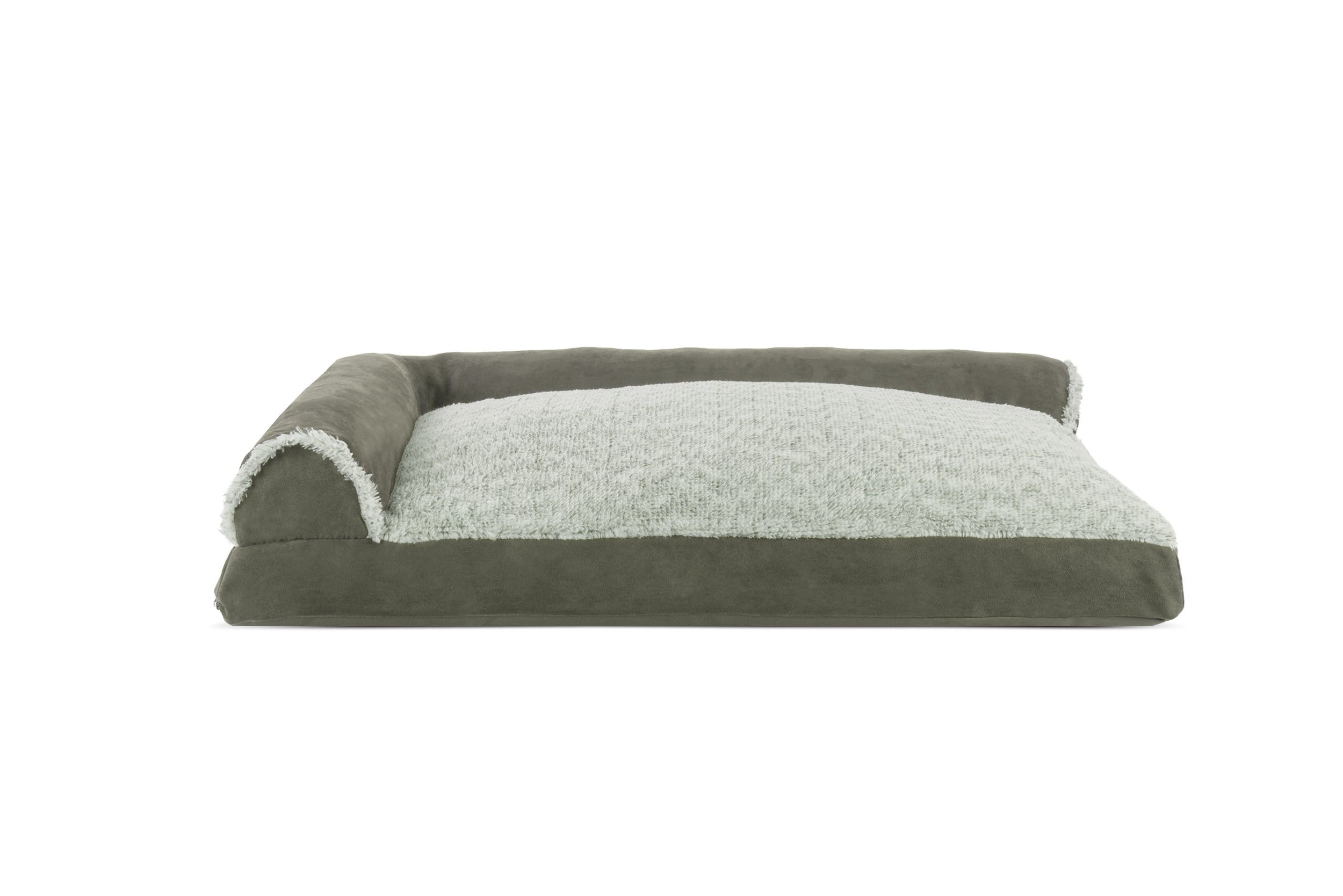 FurHaven | Faux Fur & Suede Deluxe L-Chaise Lounge Pillow Sofa Pet Bed for Dogs & Cats, Dark Sage, Large