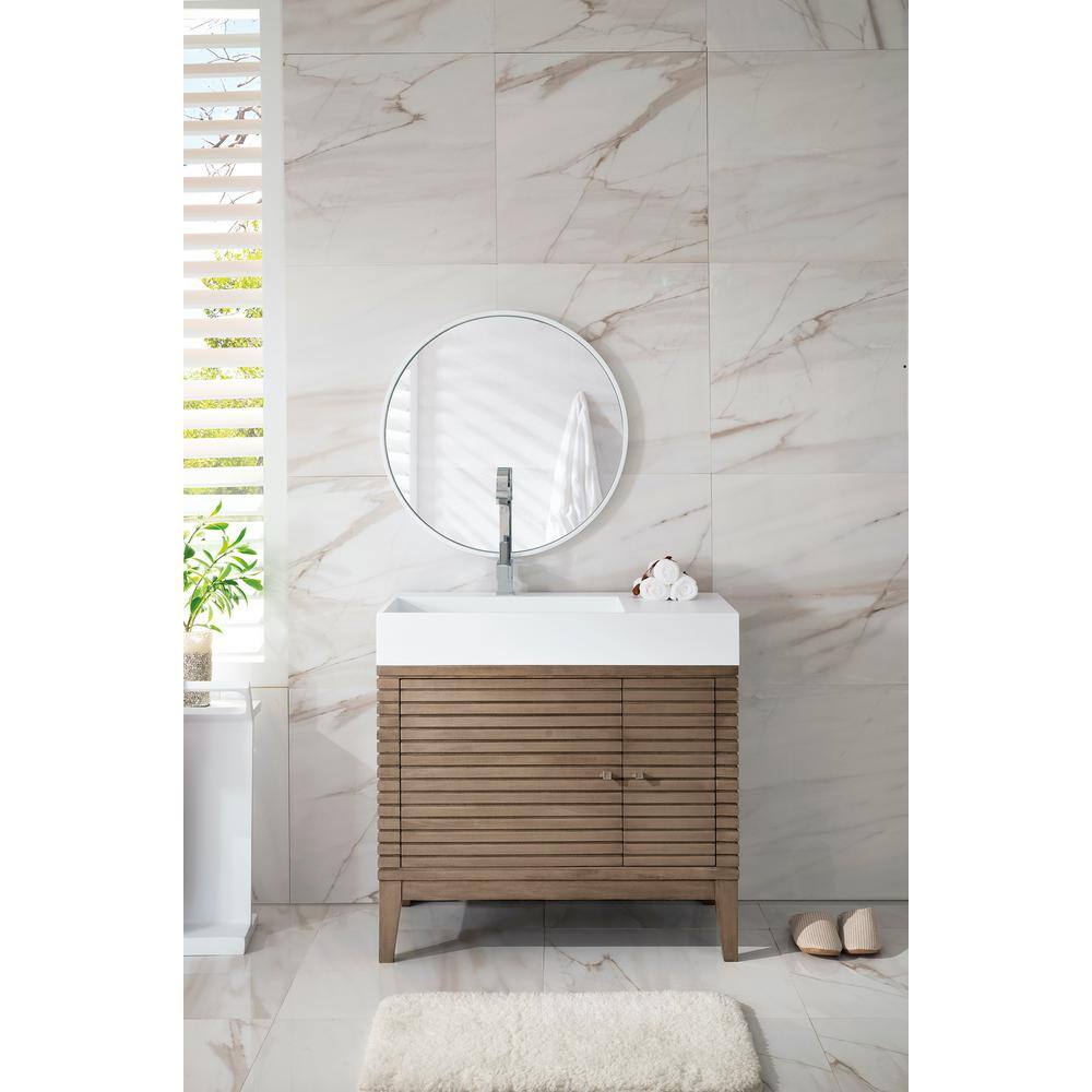 James Martin Vanities Linear 35.5 in. W x 19 in.D x 34.5 in. H Single Bath Vanity in Whitewashed Walnut with Solid Surface Glossy White Top 210-V36-WW-GW