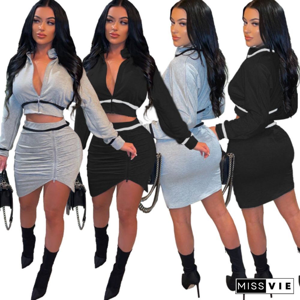 Long Sleeve Zip Crop Top+Mini Skirt Matching Sets