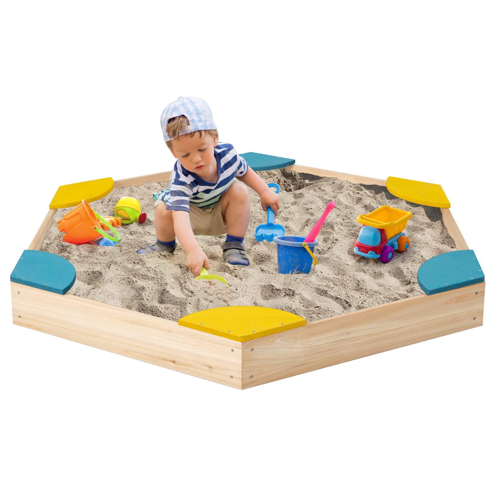 Costzon Kids Sandbox, Hexagon Large Cedar Wood Sand Box with 6 Built-in Corner Seating