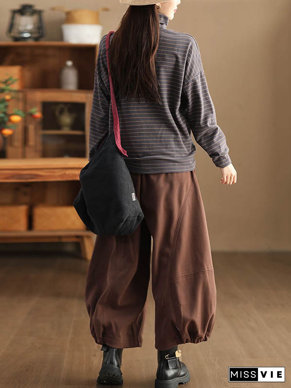 High Waisted Loose Drawstring Elasticity Pleated Solid Color Pants Trousers