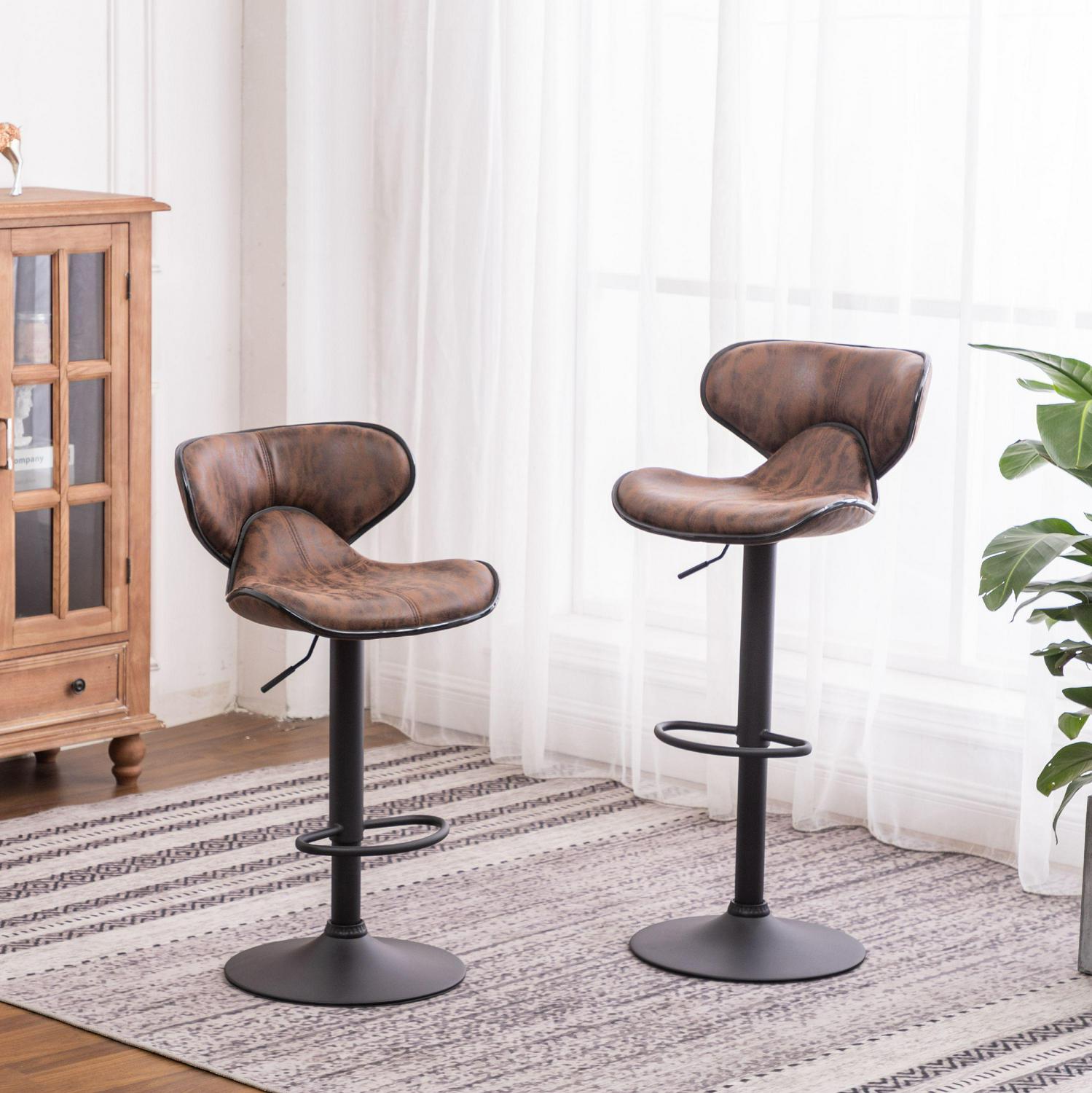 Roundhill Furniture Masaccio Weathered Brown Upholstery Airlift Adjustable Swivel Barstool with Chrome Base， Set of 2， Fabric