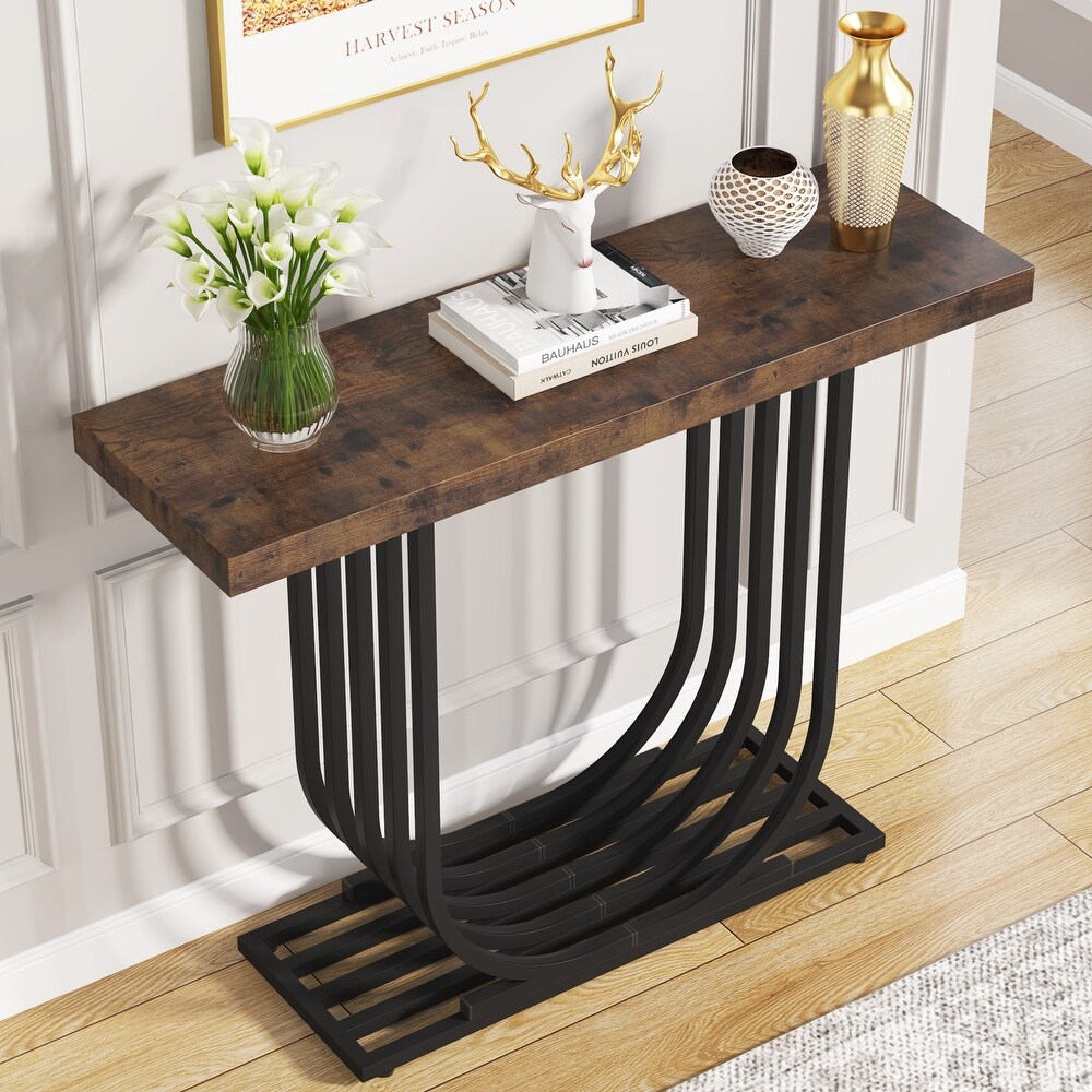 40 Inch Modern Faux Marble Entryway Table  Foyer Table  Narrow Sofa Accent Table with Geometric Metal Legs