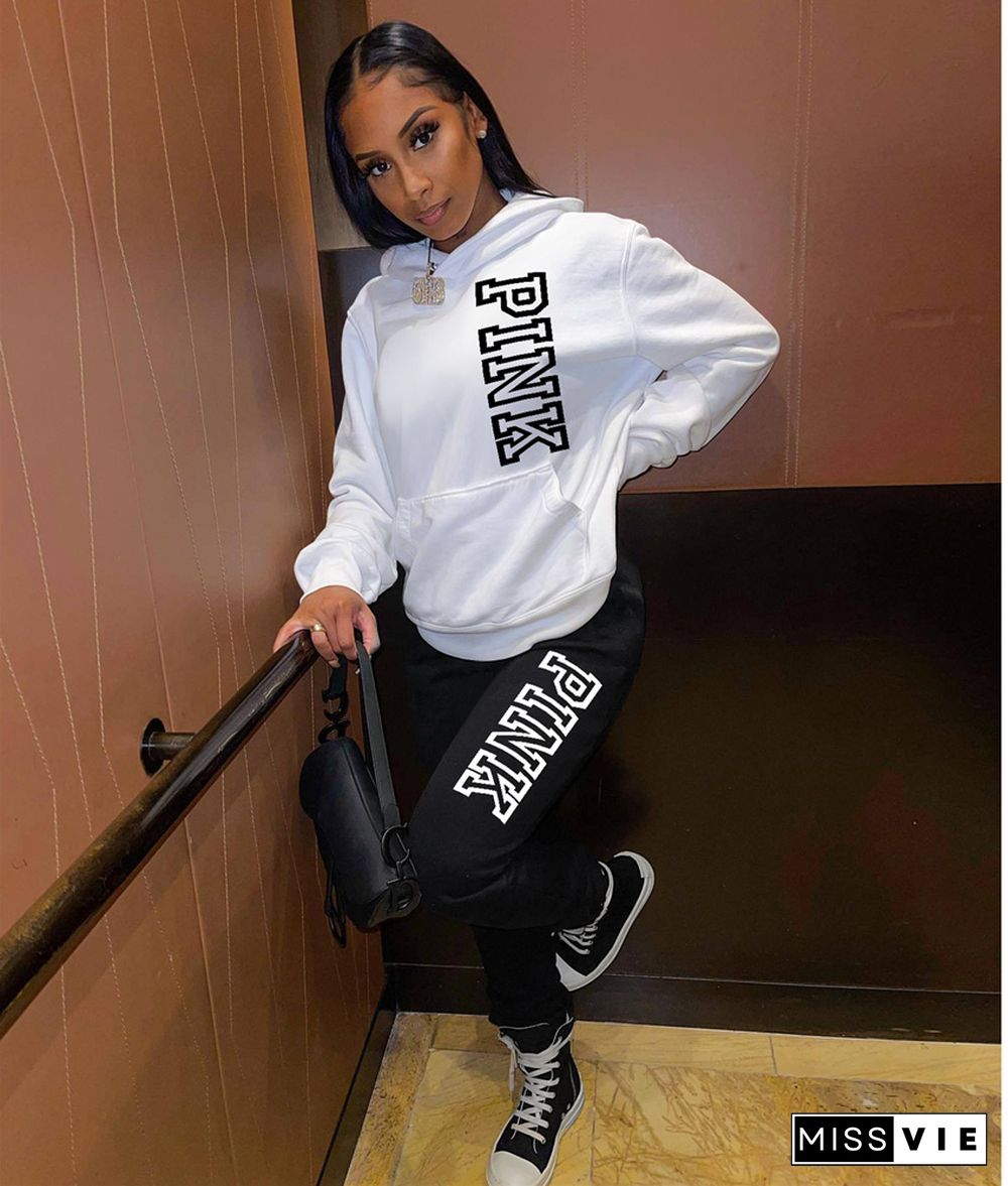 PINK Letter Pocket Hoodies Sweatpants Tracksuit