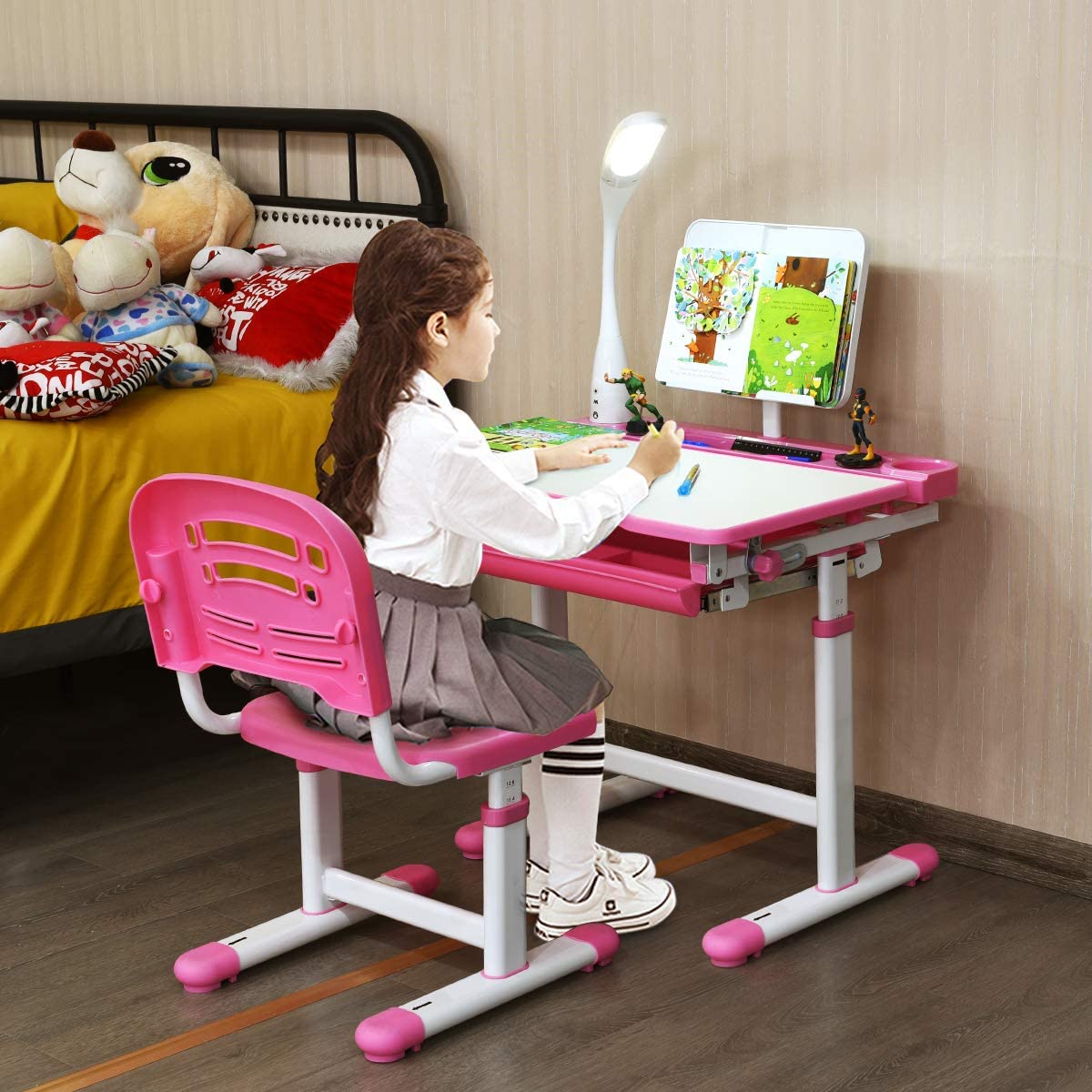 Baby Joy Kids Desk and Chair Set, Height Adjustable Child Desk Set w/LED Lamp, Bookstand, Tilt Desktop, Metal Hook