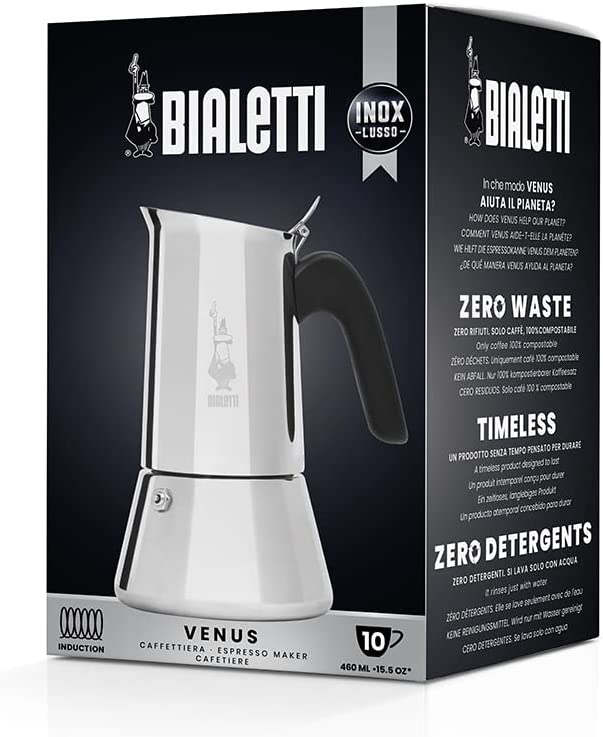 Bialetti - New Venus Induction， Stovetop Coffee Maker， Suitable for all Types of Hobs， Stainless Steel， 10 Cups (15.5 Oz)， Aluminum， Silver