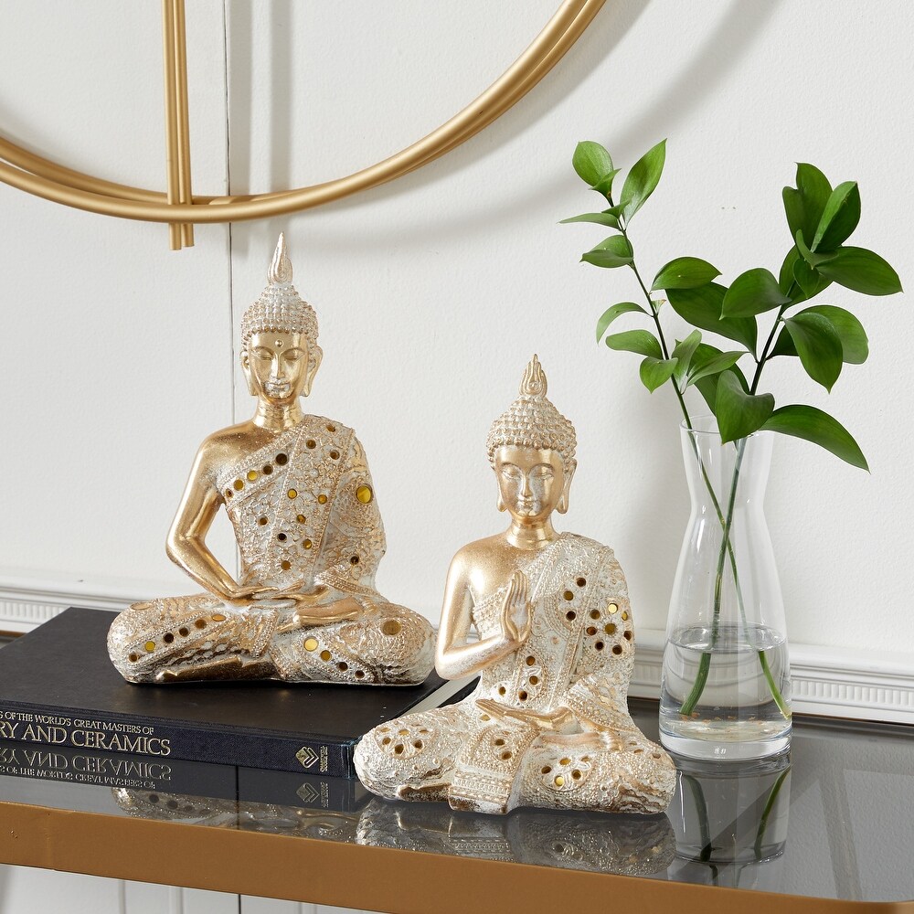Gold Polystone Meditating Buddha Sculpture with Engraved Carvings and Relief Detailing (Set of 2)   8 x 5 x 10 and 8 x 4 x 11