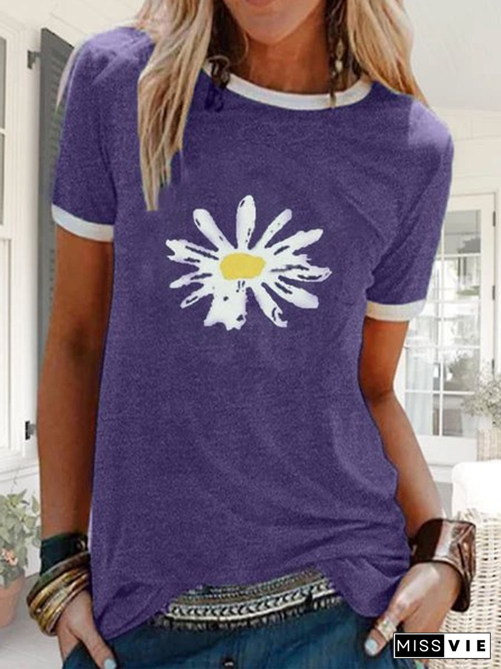 Women Floral Print Short Sleeve Round Neck T-Shirts Tops