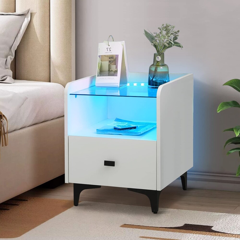 Modern Nightstand with LED Light  Wooden Bedside Cabinet with Tempered Glass Top  1 Drawer and Open Storage Shelf