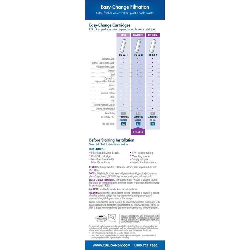 Culligan EZ-Change Under-sink Drinking Water Filter Advanced Water Filtration System US-EZ-3-CON