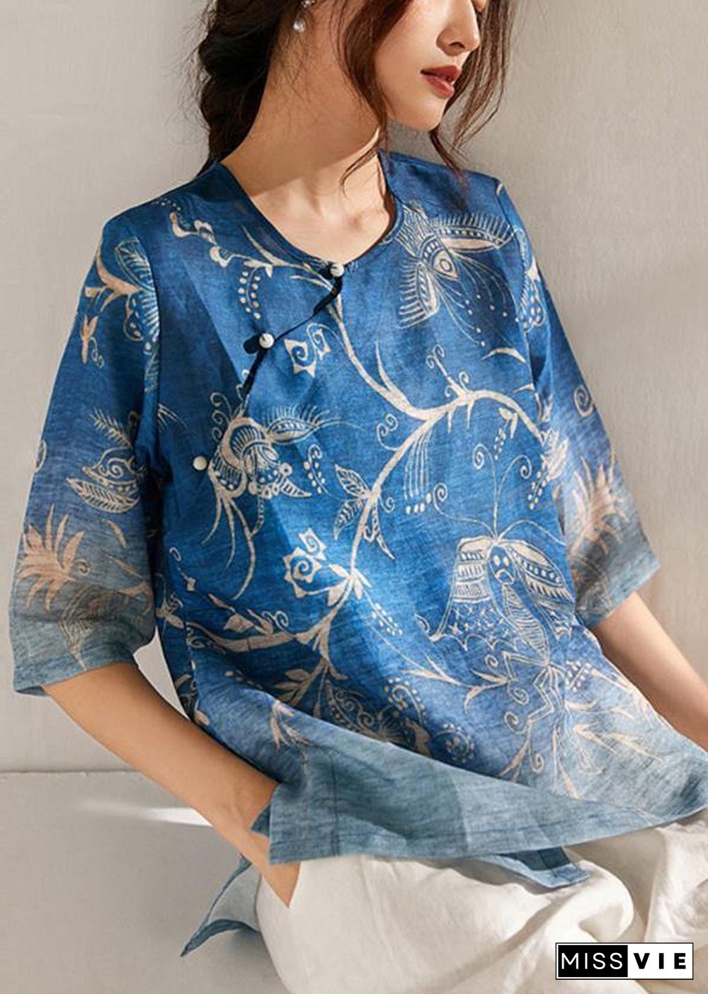 Italian Blue Print Oriental Summer Ramie Shirt Half Sleeve