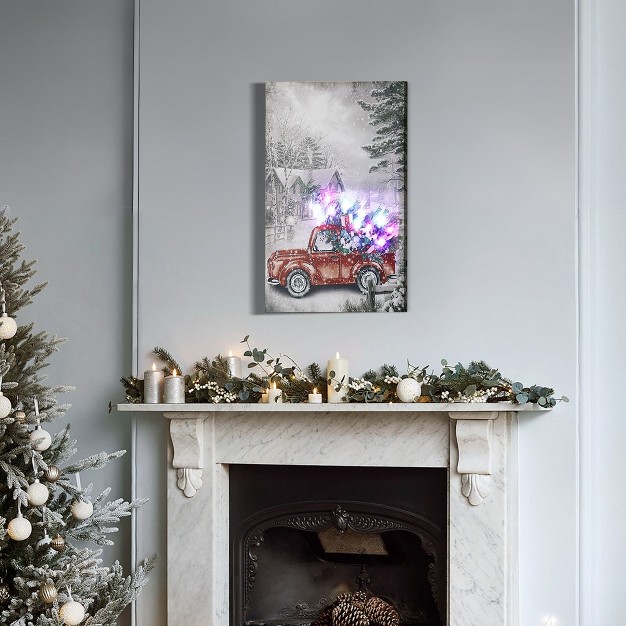 Luxenhome Holiday Christmas Vintage Truck Canvas Print With Lights Red