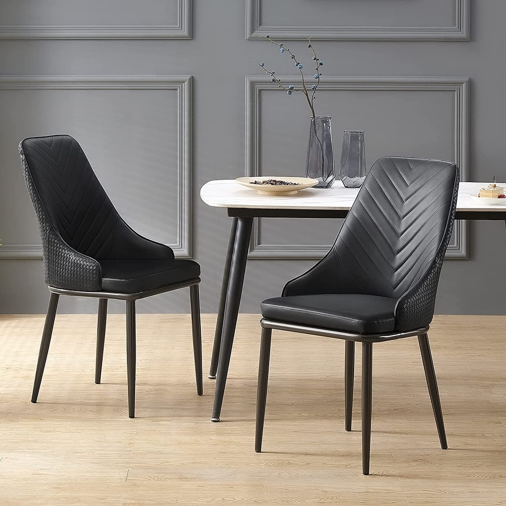 Modern Faux Leather Dining Chairs with Woven Leather Back  Set of 2