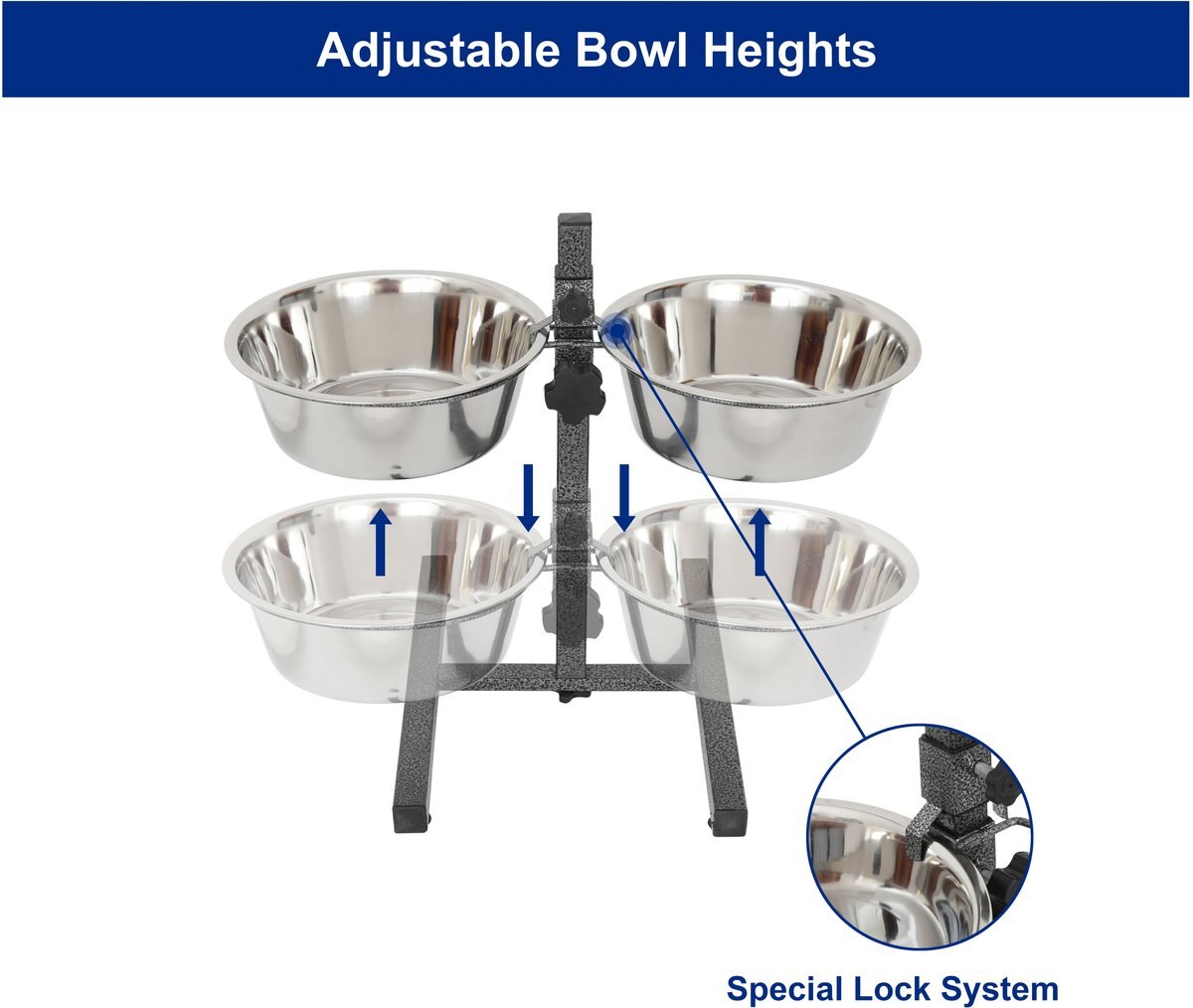 Iconic Pet Adjustable Stainless Steel Elevated Dog Bowl， H Design