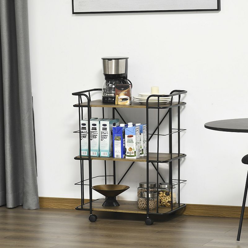 HOMCOM 25 Rolling Kitchen Cart Kitchen Storage Trolley with 3 Shelves for Dining Room Laundry Room and Bathroom Natural