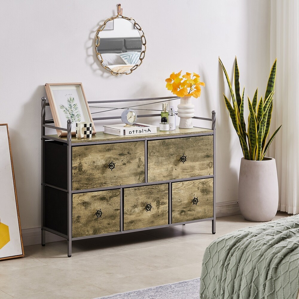 Wooden Dresser w/ 5 Drawers Furniture Storage Chest for Bedroom  Living Room