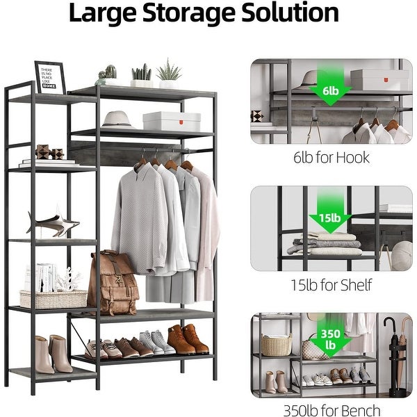 71in Industrial Freestanding Closet Organizer， Clothes Rack Hall Tree with Storage Bench