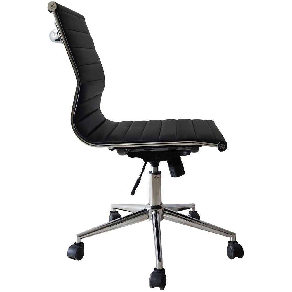 Brown Adjustable Mid Back Office Chair: Sleek Swivel  PU Leather  Armless  Ribbed