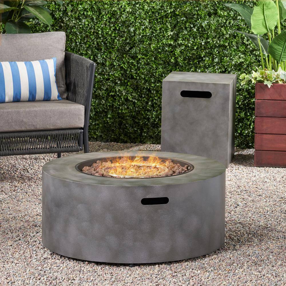 Noble House Wellington 15.25 in. x 19.75 in. Round Concrete Propane Fire Pit in Dark Grey with Tank Holder 70380