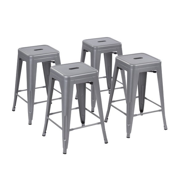 24inch Stackable Metal Bar Stool， Set of 4， Include 4 Stools， Silver Color， Backless Style