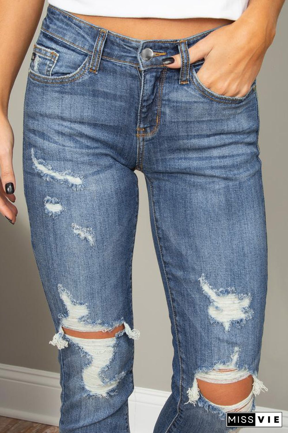 Blue Hollow Out Vintage Skinny Ripped Jeans