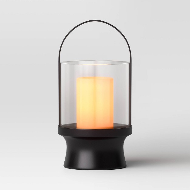 Modern Metal And Glass Battery Led Pillar Candle Outdoor Lantern Black