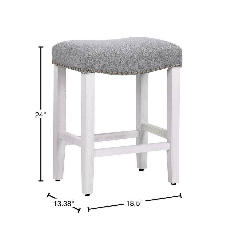 WESTIN OUTDOOR Jameson 24 in. Antique White Backless Wood Counter Stool with Gray Linen Seat (Set of 2) ID401-24-AW-GY-2