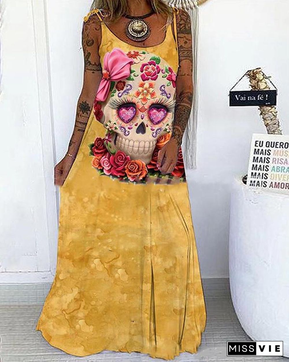 Multiple Color Skull&Rose Print Lace up Spaghetti-Strap Maxi Dress