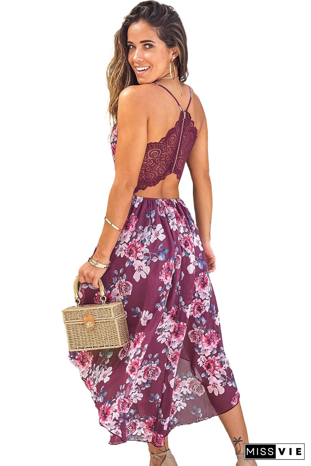 Burgundy Floral High-low Dress with Lace Back