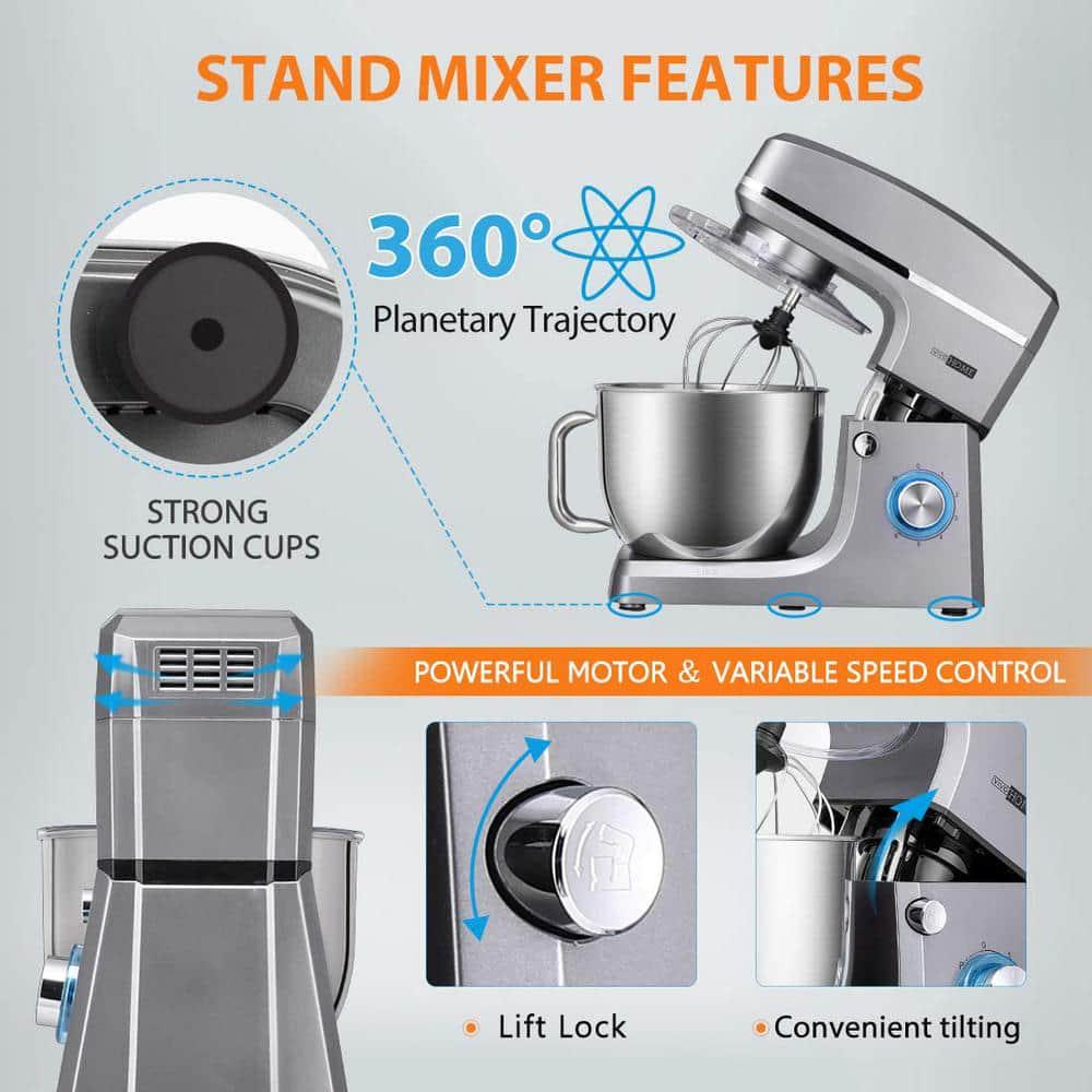 VIVOHOME 75 qt 6Speed Silver TiltHead Electric Stand Mixer with Accessories and ETL Listed