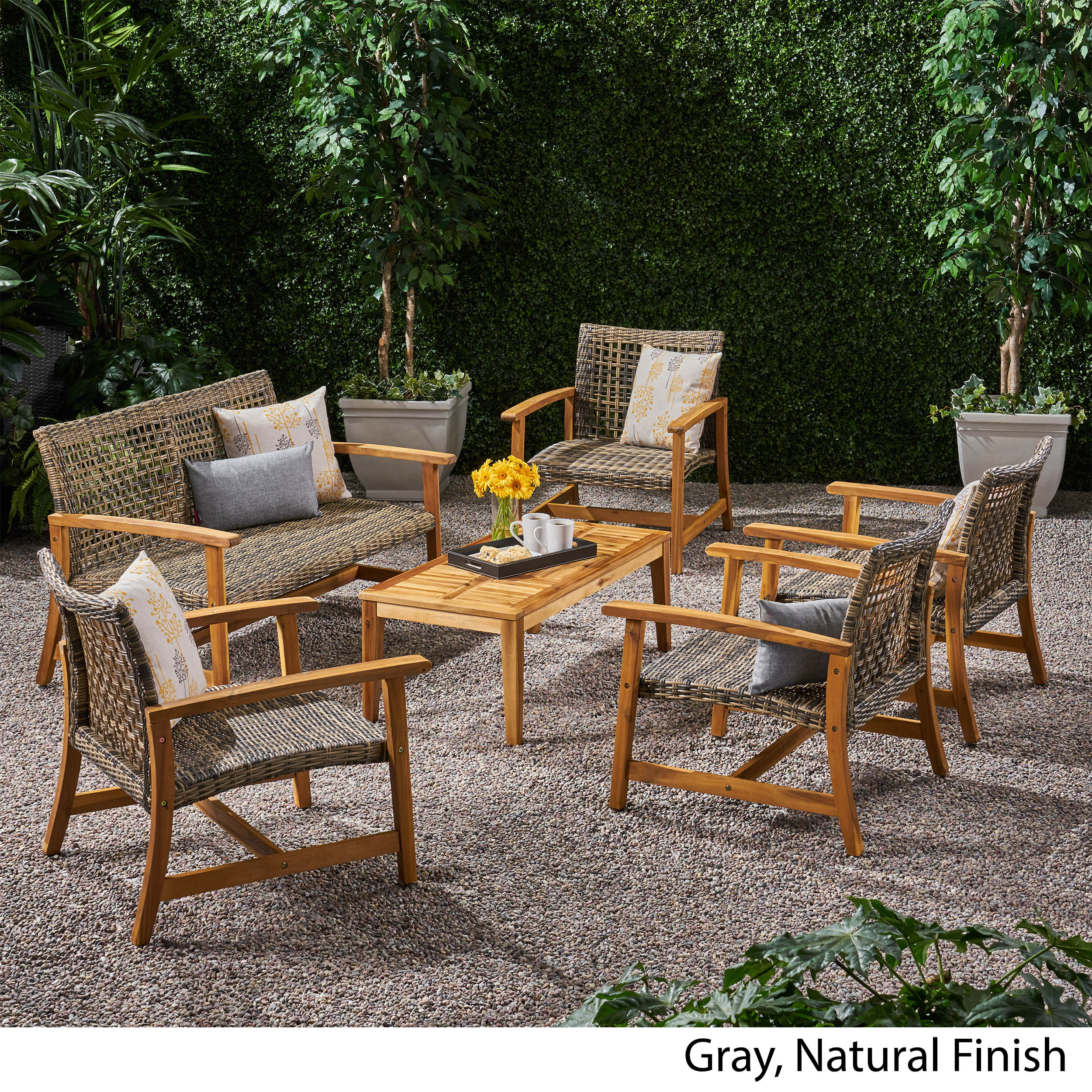 Levant Outdoor 5 Piece Wood and Wicker Loveseat Chat Set