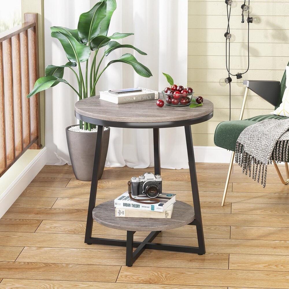 2 Tier Industrial Round Side End Table with Storage Living Room