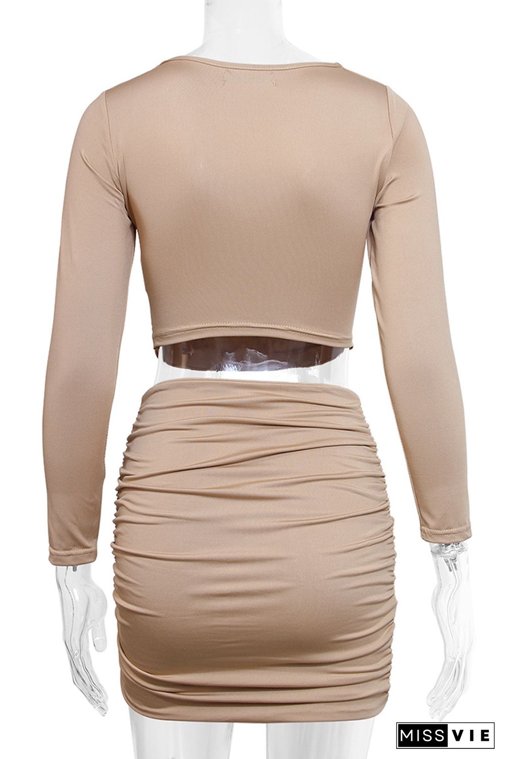 Square Neck Long Sleeve Drawstring Pleated Bodycon Dress Wholesale