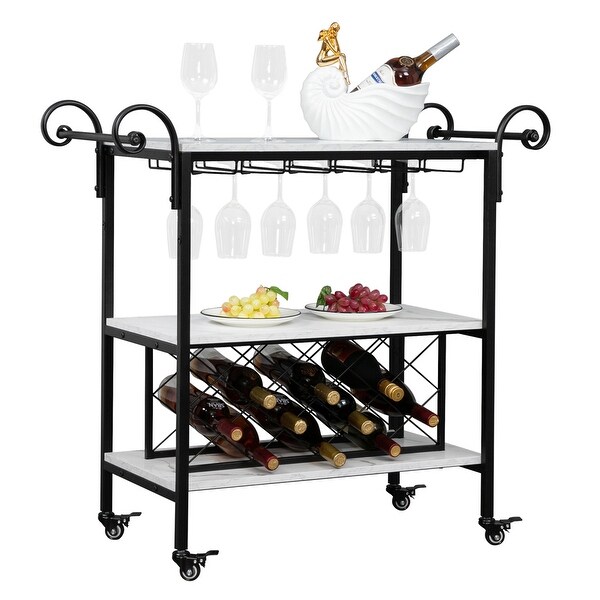 3-Layer Double Armrest Imitation Marble Movable Wood Kitchen Wine Cart