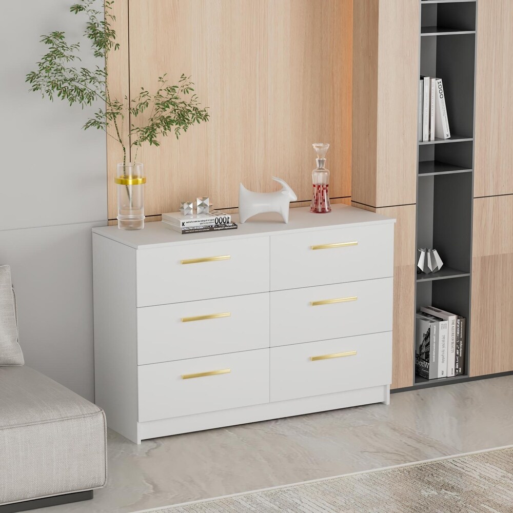 6 Wood Chest of Drawers with Large Space  Storage Organizer for Bedroom Tall Dresser with Modern Metal Handles  White